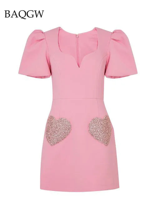 Fashion Love Embroidery Patchwork Mini Dress Women Square Neck Puff Short Sleeve Dresses Lady Slim Chic Pink Zipper Street Robes