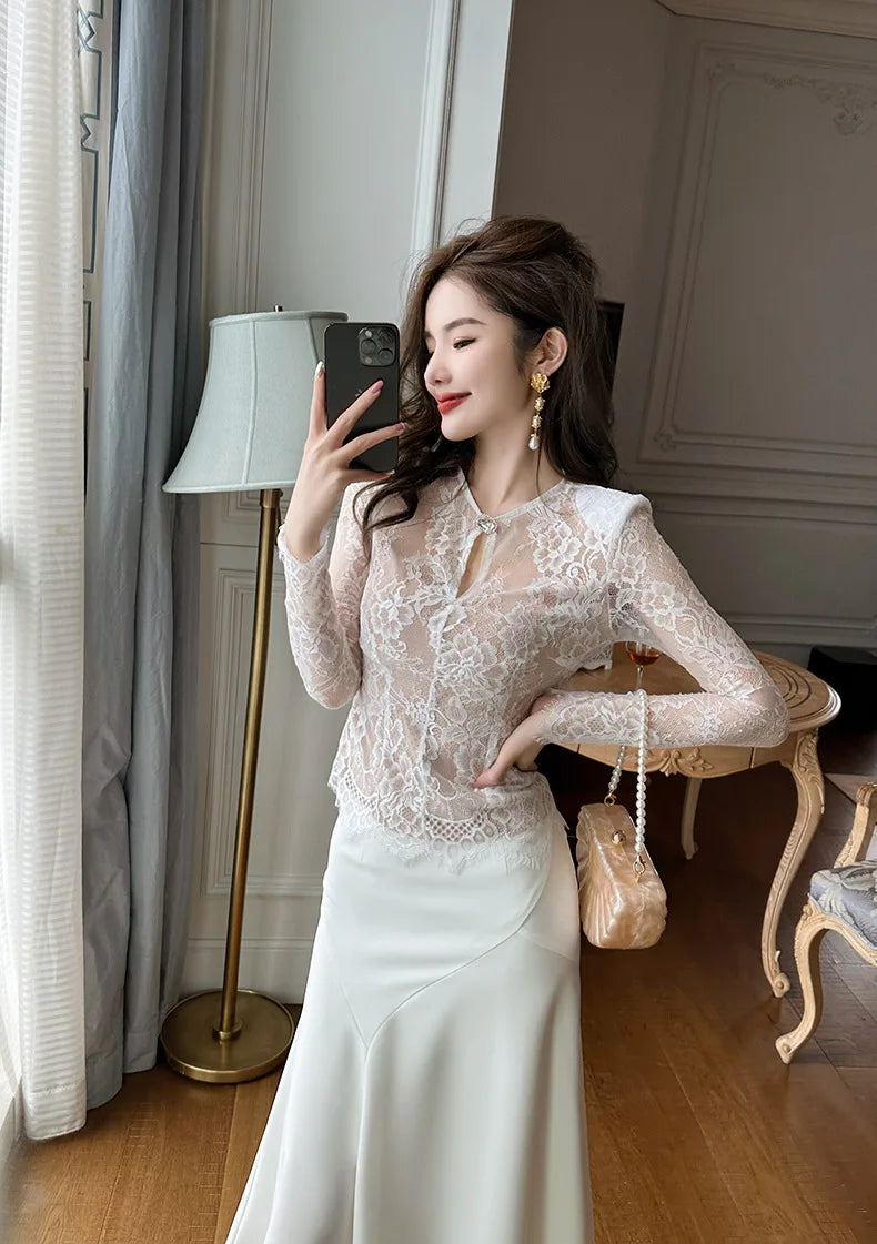 summer sexy hollowed-out blouse round collar lace shirt woman