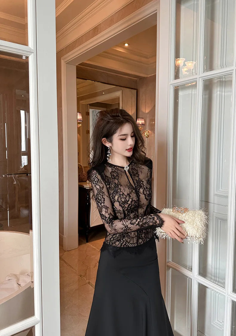 summer sexy hollowed-out blouse round collar lace shirt woman