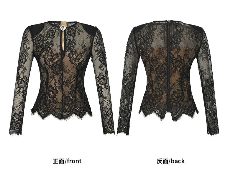 summer sexy hollowed-out blouse round collar lace shirt woman