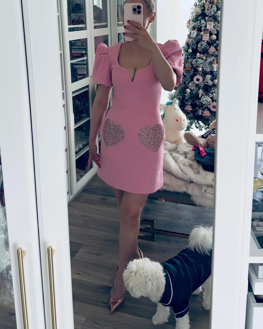 Fashion Love Embroidery Patchwork Mini Dress Women Square Neck Puff Short Sleeve Dresses Lady Slim Chic Pink Zipper Street Robes