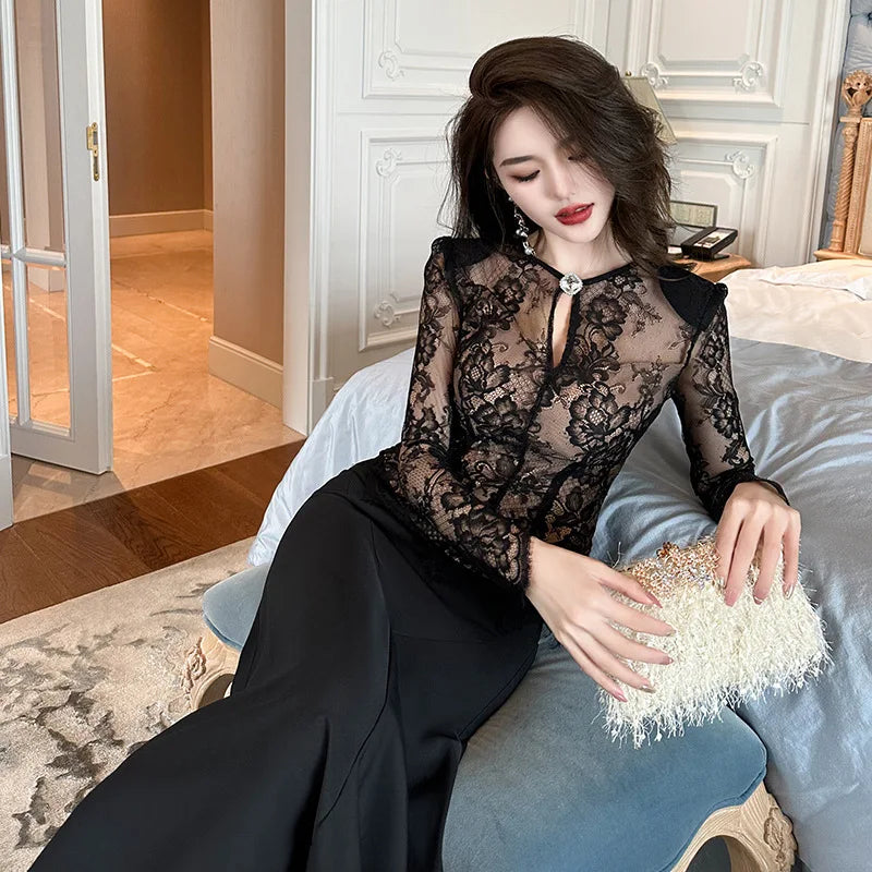 summer sexy hollowed-out blouse round collar lace shirt woman