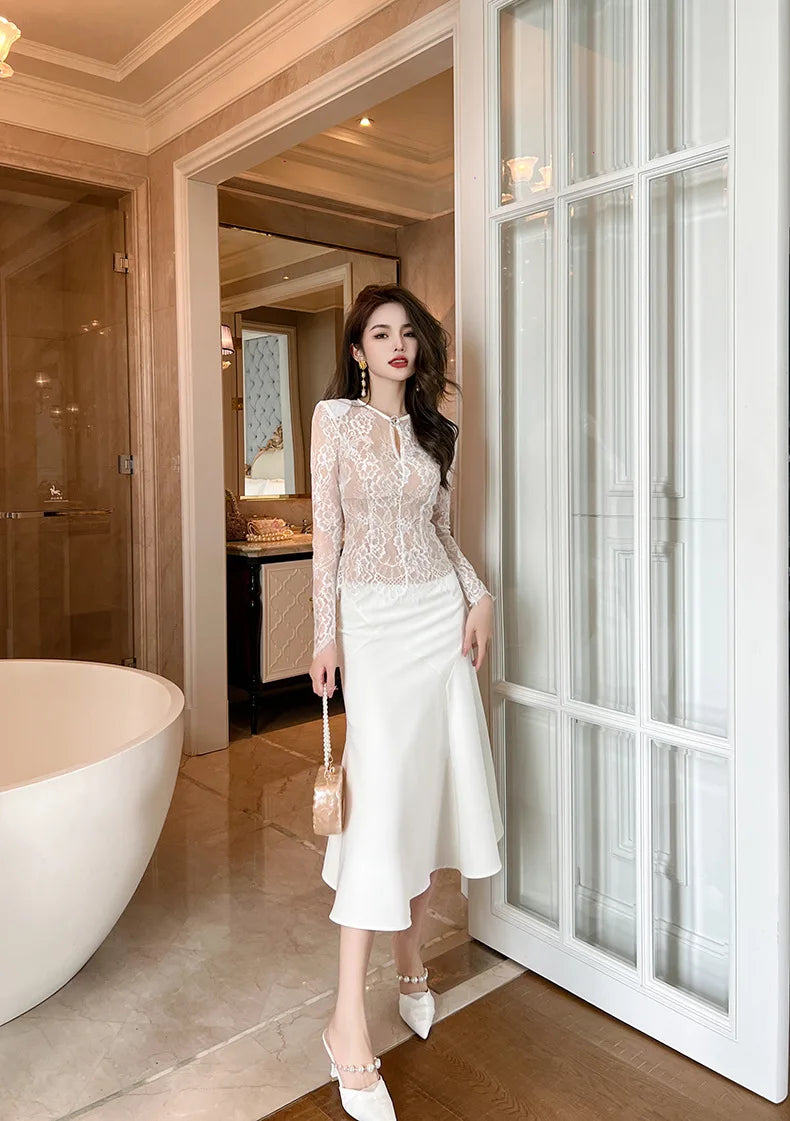 summer sexy hollowed-out blouse round collar lace shirt woman