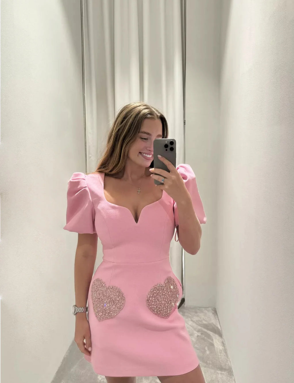 Fashion Love Embroidery Patchwork Mini Dress Women Square Neck Puff Short Sleeve Dresses Lady Slim Chic Pink Zipper Street Robes
