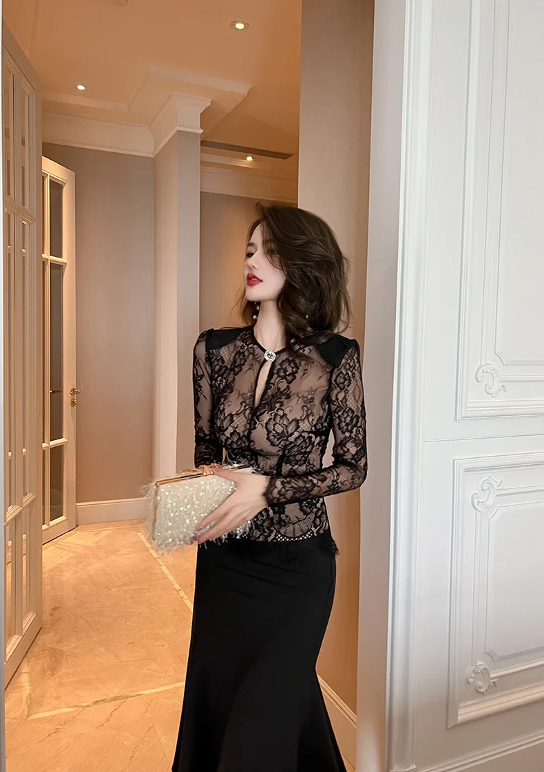 summer sexy hollowed-out blouse round collar lace shirt woman
