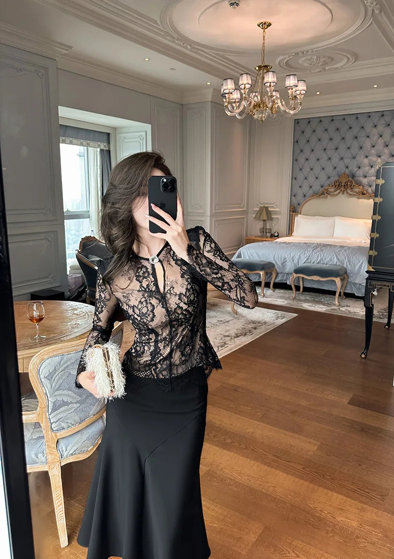 summer sexy hollowed-out blouse round collar lace shirt woman