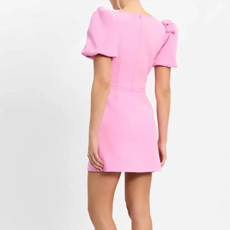 Fashion Love Embroidery Patchwork Mini Dress Women Square Neck Puff Short Sleeve Dresses Lady Slim Chic Pink Zipper Street Robes