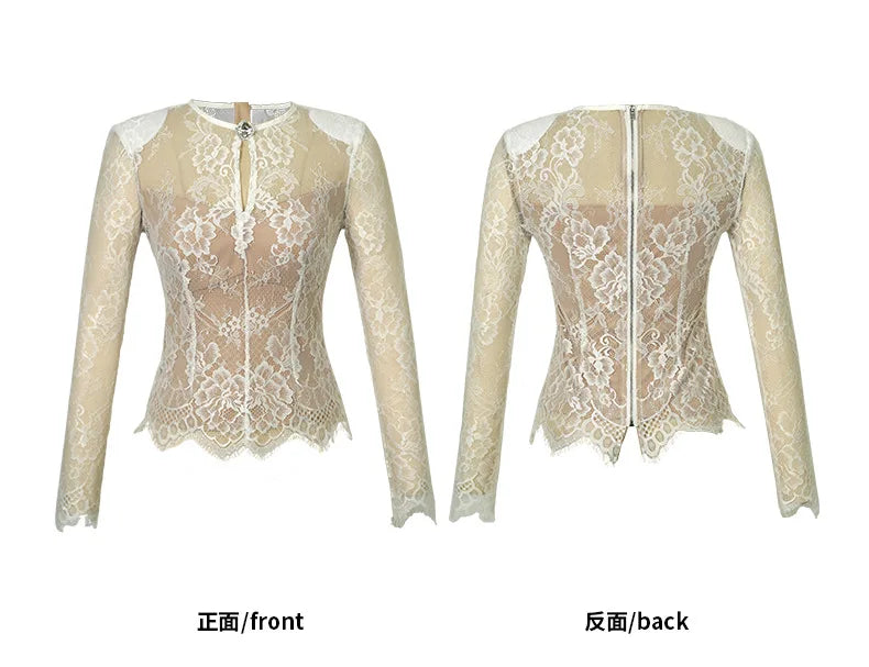 summer sexy hollowed-out blouse round collar lace shirt woman
