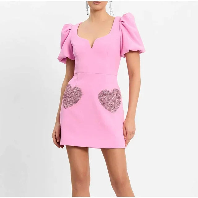 Fashion Love Embroidery Patchwork Mini Dress Women Square Neck Puff Short Sleeve Dresses Lady Slim Chic Pink Zipper Street Robes