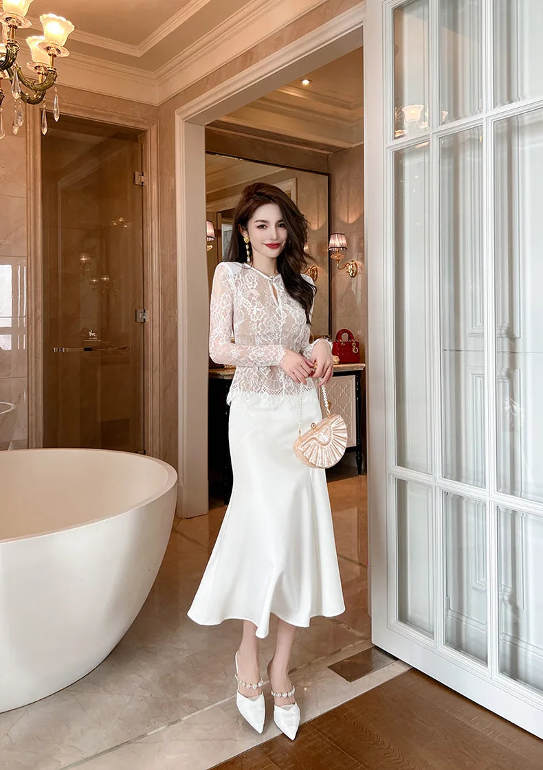 summer sexy hollowed-out blouse round collar lace shirt woman