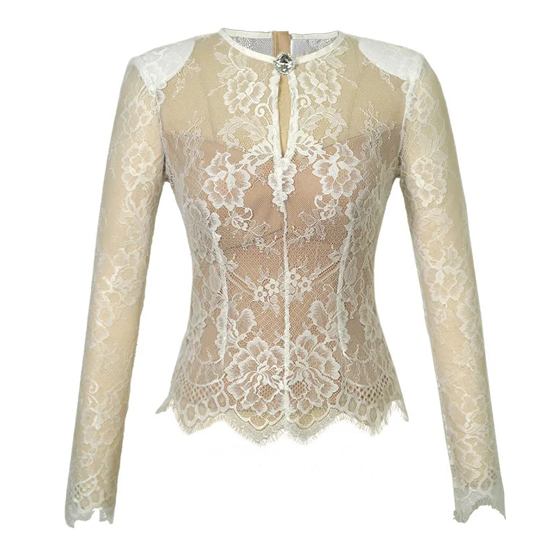 summer sexy hollowed-out blouse round collar lace shirt woman