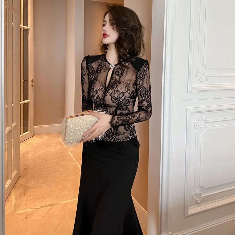summer sexy hollowed-out blouse round collar lace shirt woman