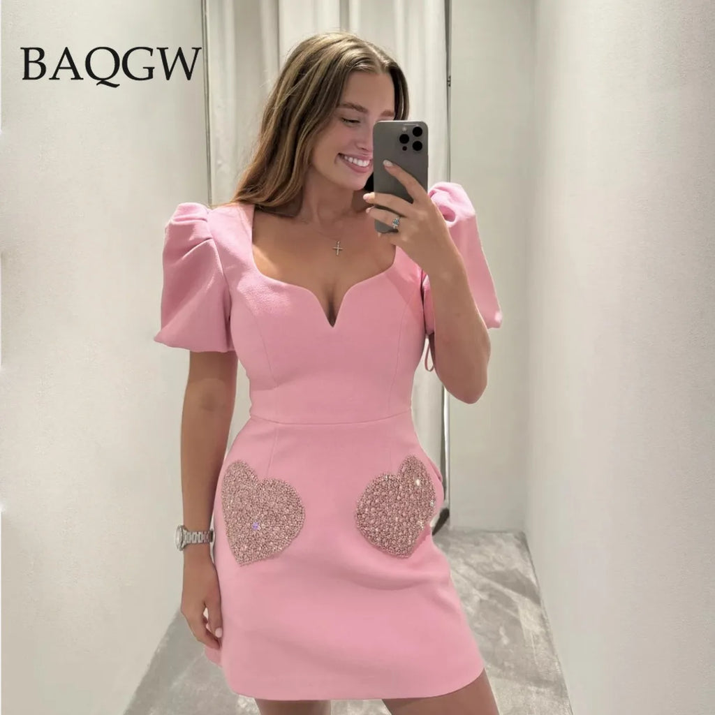 Fashion Love Embroidery Patchwork Mini Dress Women Square Neck Puff Short Sleeve Dresses Lady Slim Chic Pink Zipper Street Robes