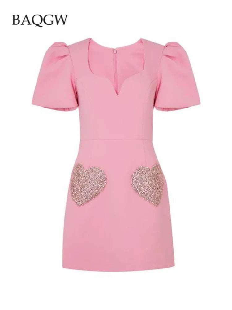 Fashion Love Embroidery Patchwork Mini Dress Women Square Neck Puff Short Sleeve Dresses Lady Slim Chic Pink Zipper Street Robes