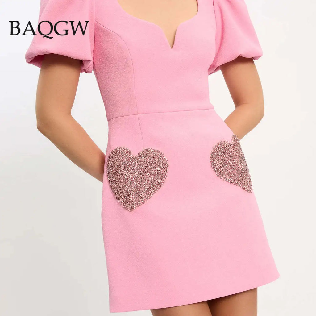 Fashion Love Embroidery Patchwork Mini Dress Women Square Neck Puff Short Sleeve Dresses Lady Slim Chic Pink Zipper Street Robes