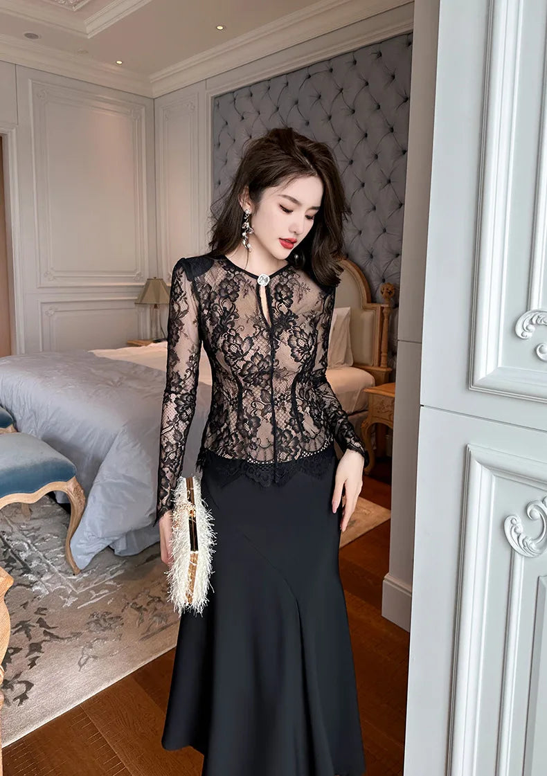 summer sexy hollowed-out blouse round collar lace shirt woman