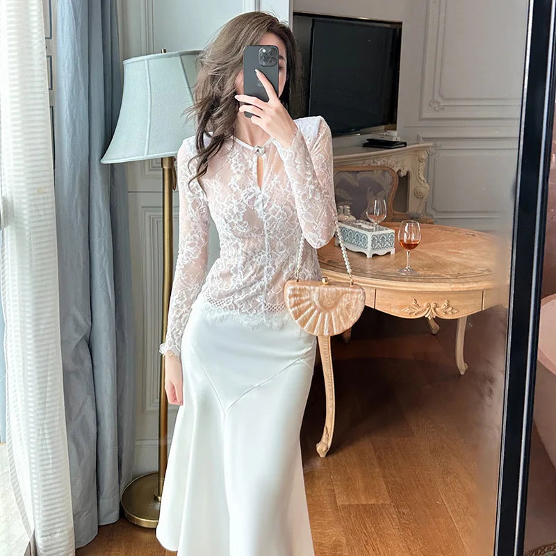 summer sexy hollowed-out blouse round collar lace shirt woman