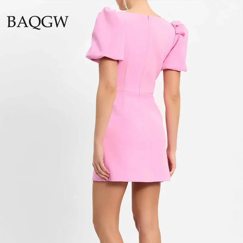 Fashion Love Embroidery Patchwork Mini Dress Women Square Neck Puff Short Sleeve Dresses Lady Slim Chic Pink Zipper Street Robes