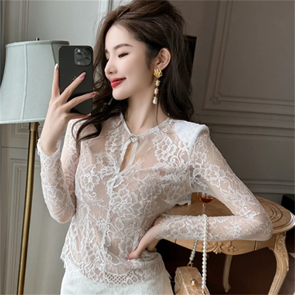 summer sexy hollowed-out blouse round collar lace shirt woman