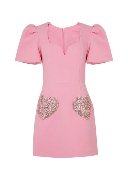 Fashion Love Embroidery Patchwork Mini Dress Women Square Neck Puff Short Sleeve Dresses Lady Slim Chic Pink Zipper Street Robes